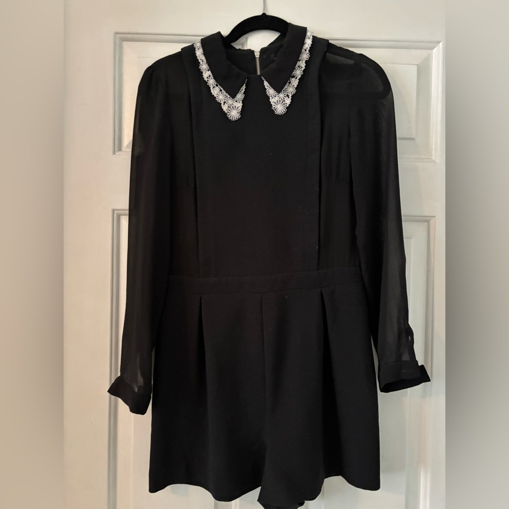 Topshop Black Long-Sleeve Romper with White Lace Collar